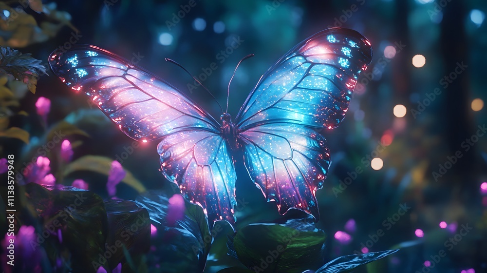 Poster Enchanting Luminescent Butterfly Illuminates a Magical Forest with Vibrant Colors and Sparkling Effects Surrounded by Magical Flora and Ethereal Atmosphere