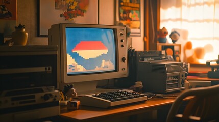 Retro Computer Setup With Pixel Art Displayed