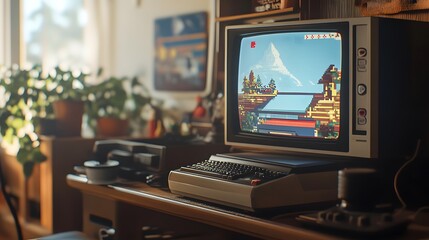 Retro Computer Setup With Vintage Game Displayed