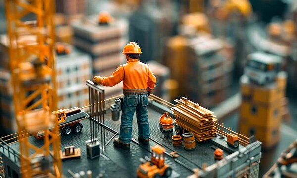 A miniature construction scene with a worker on a building rooftop, showcasing urban development.