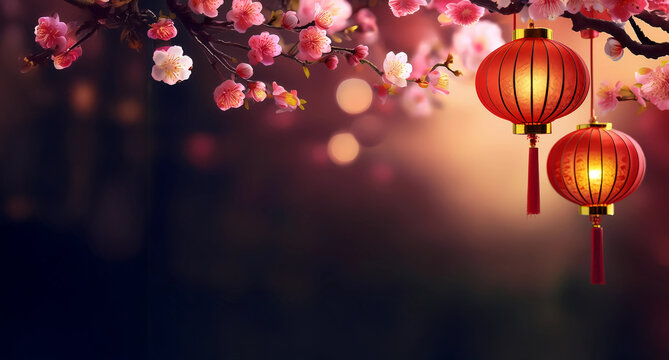 red chinese lantern hanging from tree, vintage charm, cherry blossom, chinese new year celebration, light pink and amber, copy space