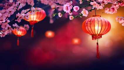 Obraz premium red chinese lantern hanging from tree, vintage charm, cherry blossom, chinese new year celebration, light pink and amber, copy space