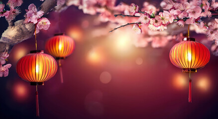 red chinese lantern hanging from tree, vintage charm, cherry blossom, chinese new year celebration, light pink and amber, copy space