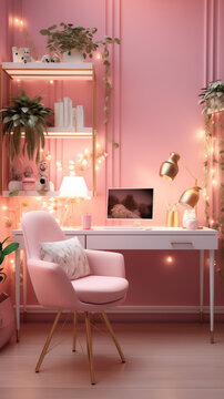 Interior of a home office with armchair, desck and laptop.