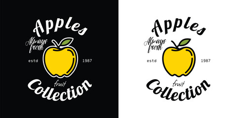 Emblem collection of fruits. Apples. Original vector illustration in vintage style. T-shirt design.