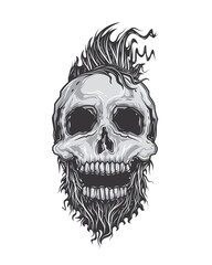Hipster skull with beard and mohawk. Original vector illustration in vintage style. T-shirt design.