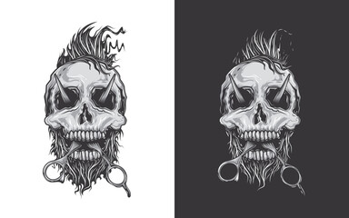 Barbershop logo. Skull with mohawk and scissors in mouth coming out of eyes. Original vector illustration in vintage style. T-shirt design.
