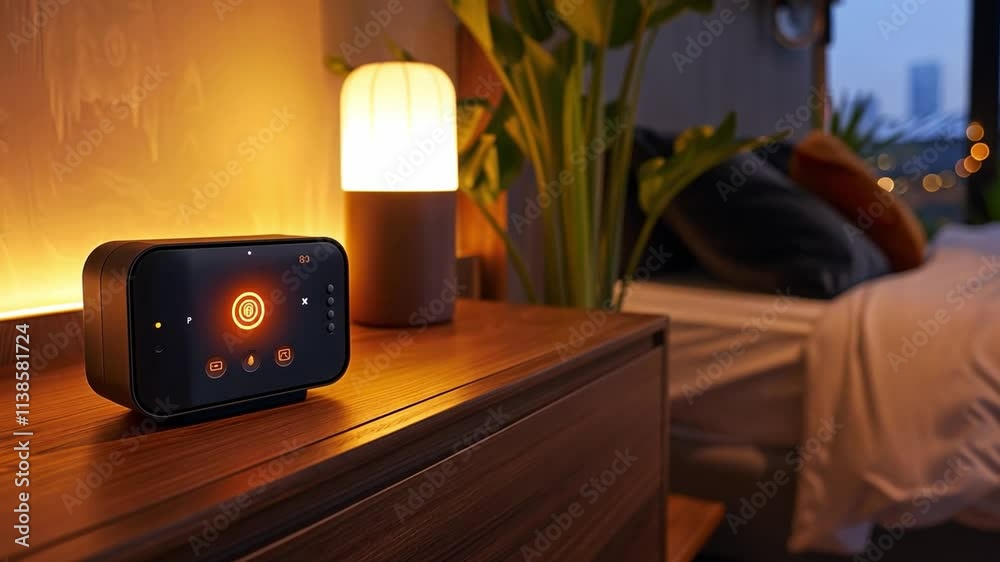 Poster this smart home setup features ambient light and sound device in a cozy bedroom environment.