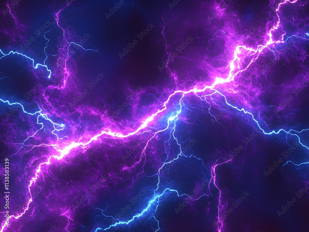 Poster striking lightning bolts in bold colors of purple and blue illuminating a dark background creating a