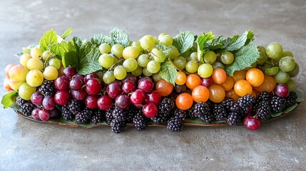 Colorful arrangement of grapes, plums, and blackberries on a platter.