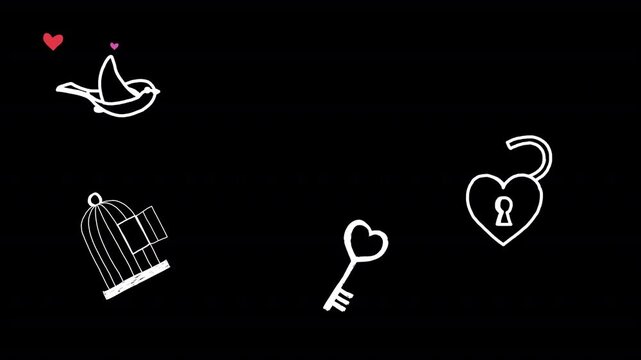 Love romantic Valentine cartoon hand drawn doodles on a transparent alpha channel. Heart shaped lock, key, cage with heart and flying bird animation. 