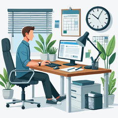 Fototapeta premium a man is using his laptop sitting on a chair looking in the laptop colourful vector on a white background