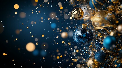 Festive holiday decorations in elegant gold and blue tones, highlighted by confetti and set against a dark background