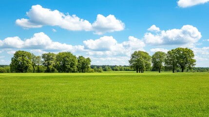 Obraz premium Lush Green Meadow Under Bright Blue Sky With Fluffy White Clouds