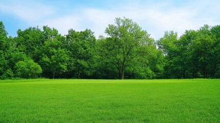 Obraz premium Lush Green Grass Field Surrounded by Trees Under a Clear Blue Sky