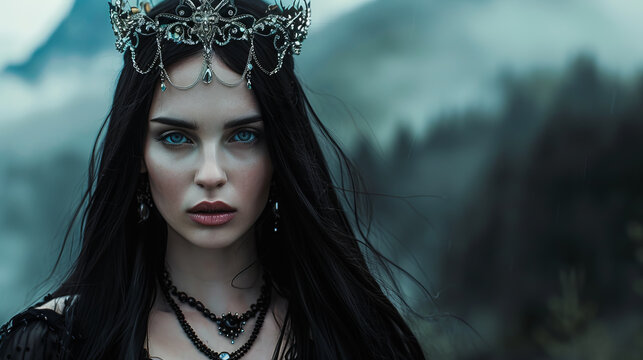 Art portrait of a beautiful young woman queen or witch with a piercing gaze. Wearing antique clothing, she embodies a ruler or warrior in a dramatic atmosphere.