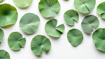Flat lay of green lotus leaves on white background.