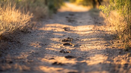 Close up of a dirt trail with footprints and animal tracks visible in the dust