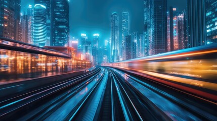 Obraz premium A high-speed train traveling towards a futuristic skyline with neon lights and high-tech buildings, creating a sleek urban scene