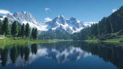 Fototapeta premium A tranquil mountain lake reflects snow-capped peaks and lush green forests under a clear blue sky.