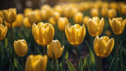 Obraz premium Yellow tulips closeup with blurred bokeh flower garden background