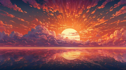 Celestial Fire: A breathtaking digital art painting of a vibrant sunset over a serene water surface, reflecting the golden glow of the sun through a symphony of fiery hues. The clouds.