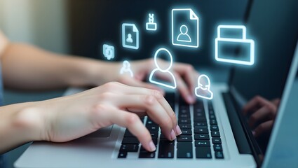 digital illustration of hand typing on laptop keyboard with futuristic floating icons representing online communication, modern technology, and digital network innovation	