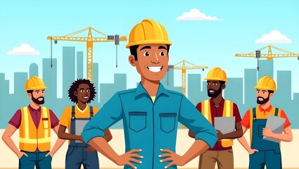 cartoon style vector illustration of construction workers wearing hard hats, smiling while working together on a building project site with teamwork and professional construction tools	