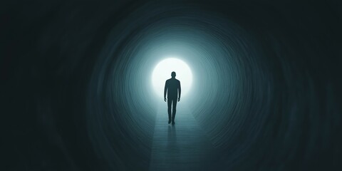 Obraz premium A silhouette of a person walking towards bright light at the end of a dark tunnel, symbolizing hope.