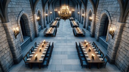 a luxury romantic dinner setup in a medieval castle dining hall, adorned with grand chandeliers