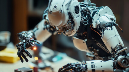 Each robot features intricate details with tiny mechanical limbs performing precise tasks.