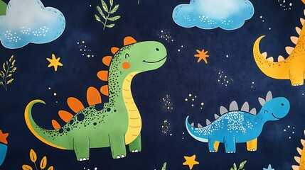 Colorful cartoon dinosaur and cloud pattern on navy plush fabric, creating a whimsical atmosphere for children&acirc;&euro;&trade;s rooms