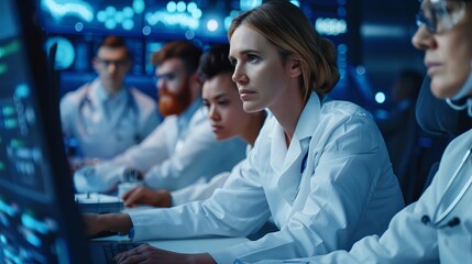 Focused female doctor analyzing data in a modern lab, surrounded by diverse colleagues in lab coats, immersed in technology and teamwork.