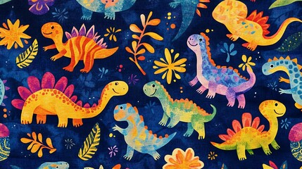 Bright, colorful cartoon dinosaurs and playful footprints scattered on plush navy blue fabric, perfect for cozy decor