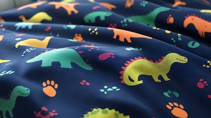 Obraz premium Bright, colorful cartoon dinosaurs and playful footprints scattered on plush navy blue fabric, perfect for cozy decor