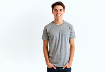 Fototapeta premium A commercial portrait photo of a model on a white studio background: a young man standing in front of a white background, wearing a grey t-shirt and jeans, with a smile on his face.