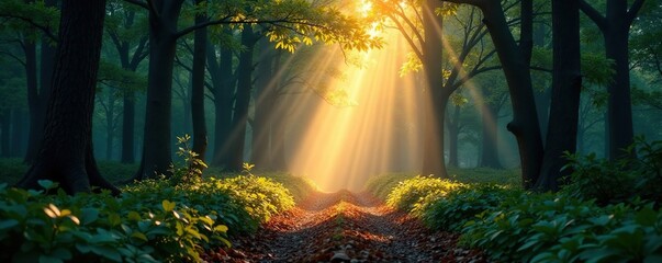 path through the forest lit by a beam of light, forest, illuminated