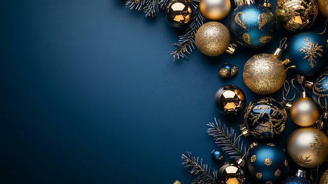 Blue and gold Christmas ornaments arranged elegantly on a dark blue surface, leaving space for festive messages