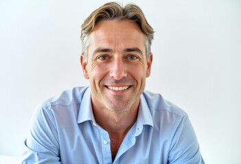 Fototapeta premium A commercial portrait photo of a model on a white studio background: a man in a blue shirt smiling at the camera against a white background.