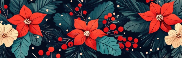 Obraz premium Seamless patterns for fabric featuring Christmas floral arrangements with poinsettias, holly, and berries