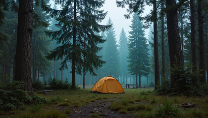 Orange tent in misty forest surrounded by tall pine trees