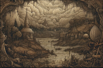 fantastic landscape in a graphic style using brown and beige shades.  