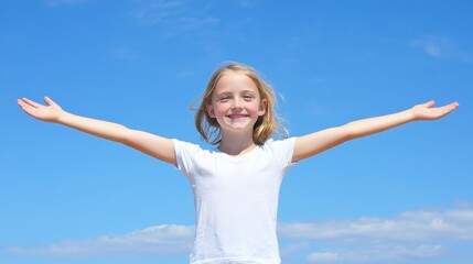 Happy Child with Outstretched Arms Under Bright Blue Sky at Daytime
