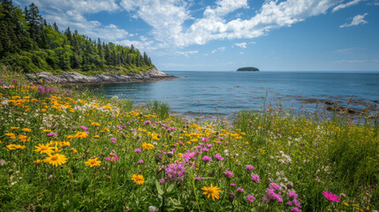 Wildflowers bloom along the shoreline, adding vibrant colors to the serene, untouched landscape.
