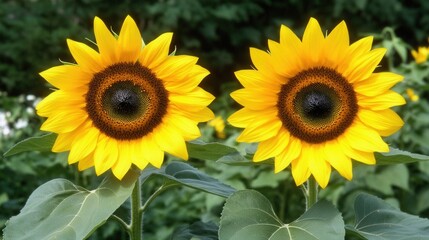 Obraz premium Bright Yellow Sunflowers with Rich Dark Centers in Lush Garden Setting