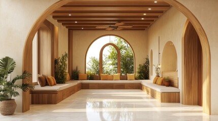Sunlit interior with arched windows, wooden seating, and beige walls.