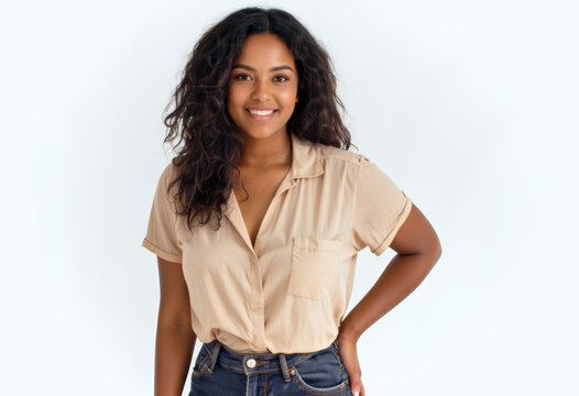 A commercial portrait photo of a model on a white studio background:  a woman standing and smiling in front of a white background, wearing a tan shirt and jeans.