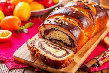 Sliced traditional cozonac with cocoa filling, in vibrant fruit background