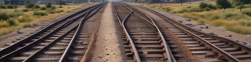 Obraz premium Railroad tracks diverging into two separate paths, railroad tracks, road, railway