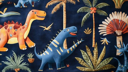 Whimsical cartoon dinosaurs and coconut trees decorate a navy blue plush fabric, adding a touch of...